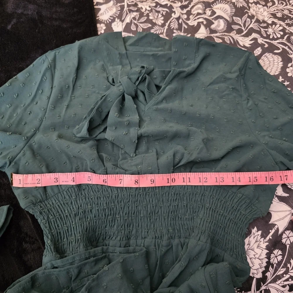 Green Long Sleeve Tie Neck Dress Women’s XL Cottagecore Fall Mini Dress - Picture 4 of 4